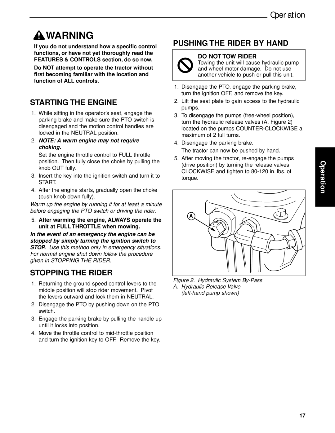 Briggs & Stratton 5900640 manual Starting the Engine, Stopping the Rider, Pushing the Rider by Hand 