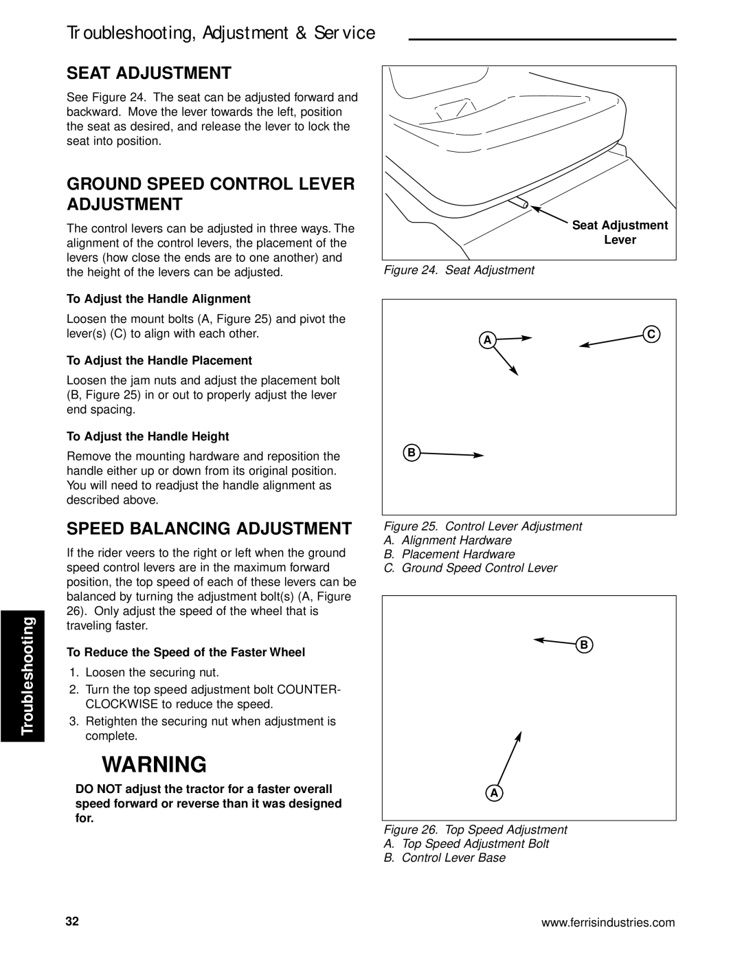 Briggs & Stratton 5900640 manual Seat Adjustment, Ground Speed Control Lever Adjustment, Speed Balancing Adjustment 