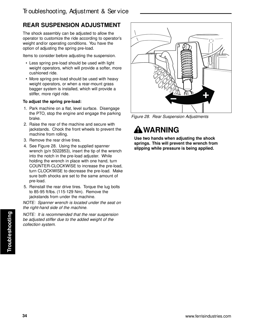 Briggs & Stratton 5900640 manual Rear Suspension Adjustment, To adjust the spring pre-load 