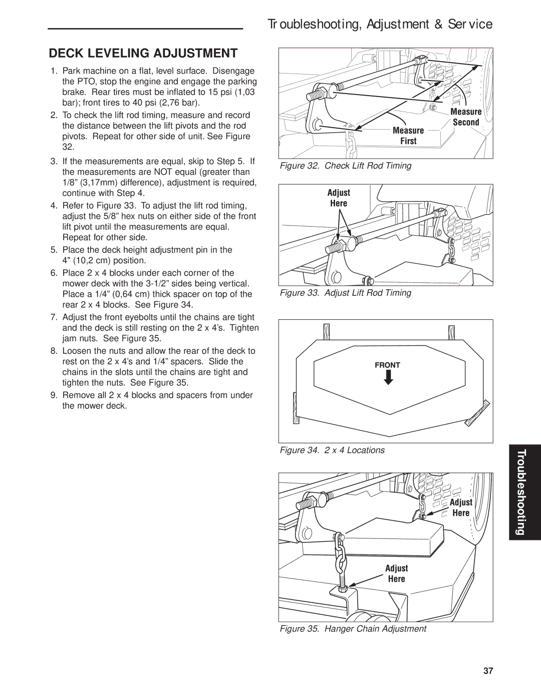 Briggs & Stratton 5900640 manual Deck Leveling Adjustment, Check Lift Rod Timing 