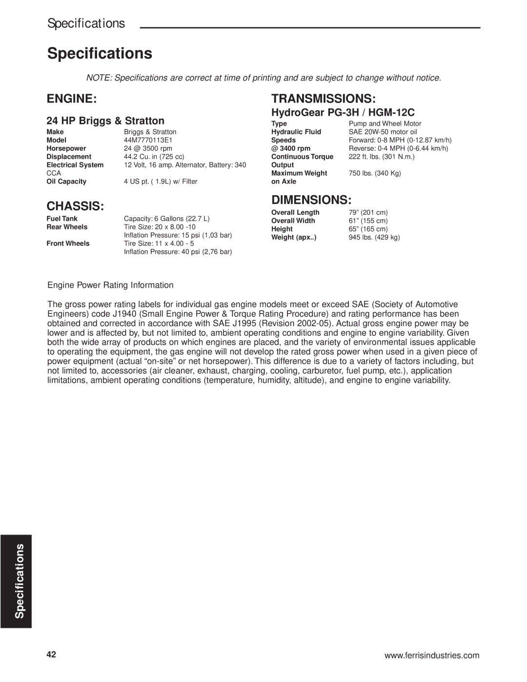 Briggs & Stratton 5900640 manual Engine Transmissions, Chassis, Dimensions, HP Briggs & Stratton HydroGear PG-3H / HGM-12C 