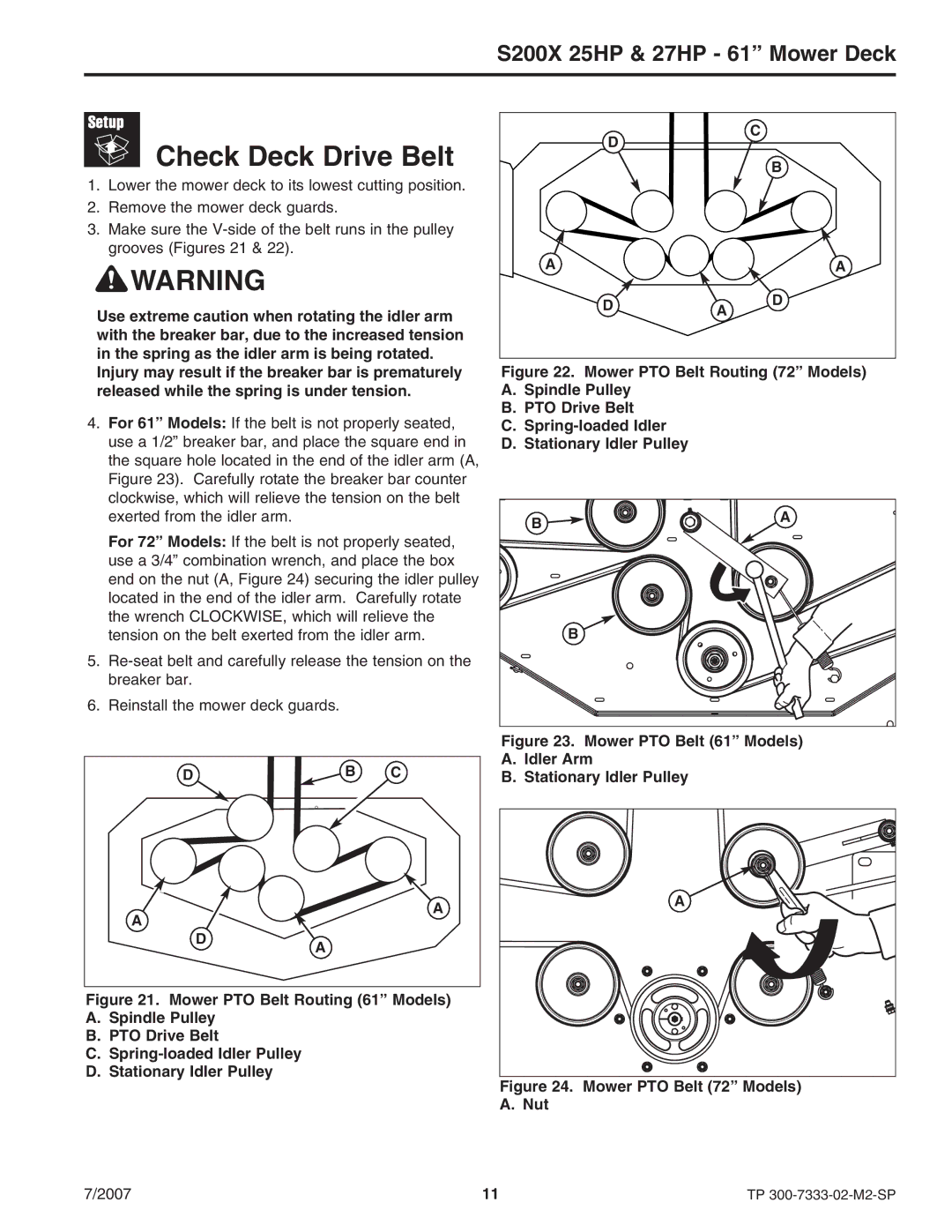 Briggs & Stratton 5900664, 5900692 manual Check Deck Drive Belt, Mower PTO Belt 61 Models Idler Arm Stationary Idler Pulley 