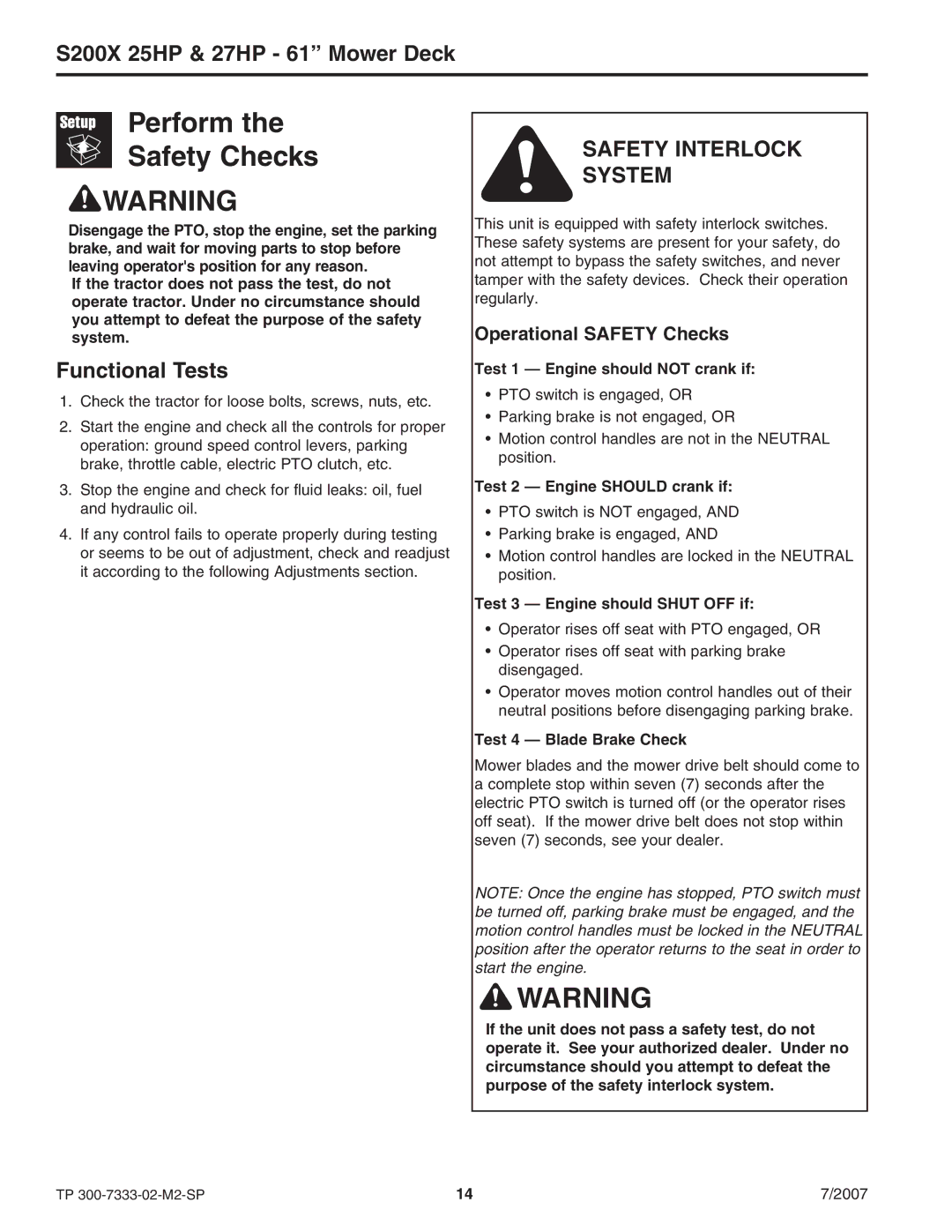 Briggs & Stratton 5900692, 5900664 manual Perform Safety Checks, Functional Tests 