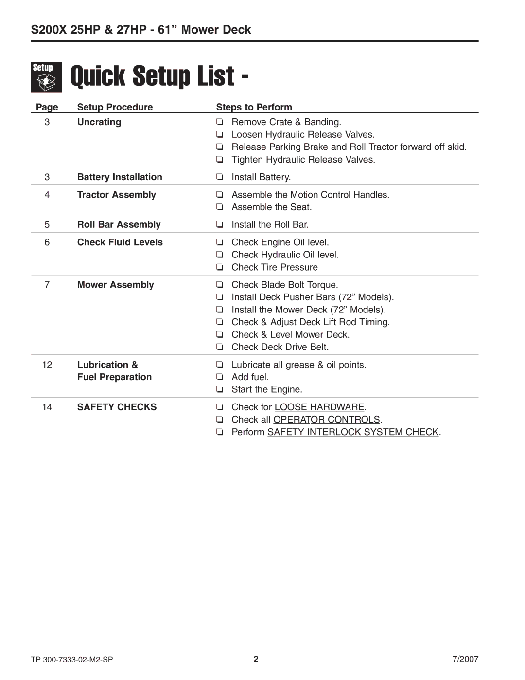 Briggs & Stratton 5900692, 5900664 manual Quick Setup List, S200X 25HP & 27HP 61 Mower Deck 