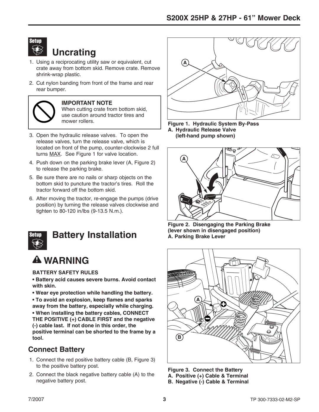 Briggs & Stratton 5900664 Uncrating, Battery Installation, Connect Battery, Hydraulic Release Valve, Left-hand pump shown 