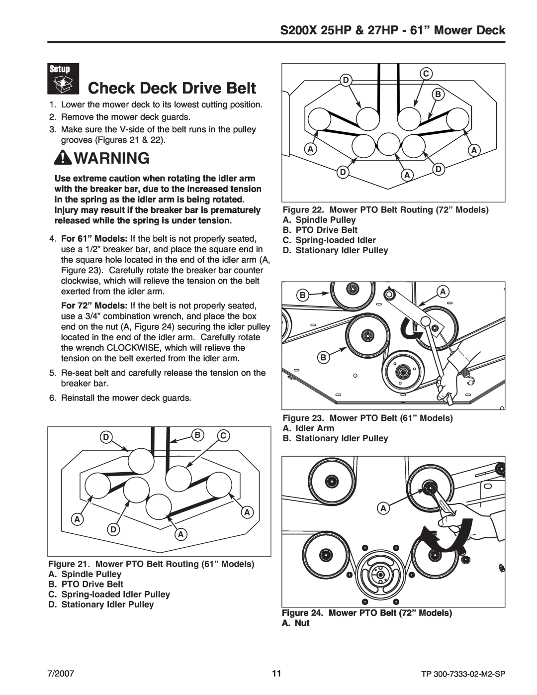 Briggs & Stratton 5900664, 5900692 manual Check Deck Drive Belt, S200X 25HP & 27HP - 61” Mower Deck 