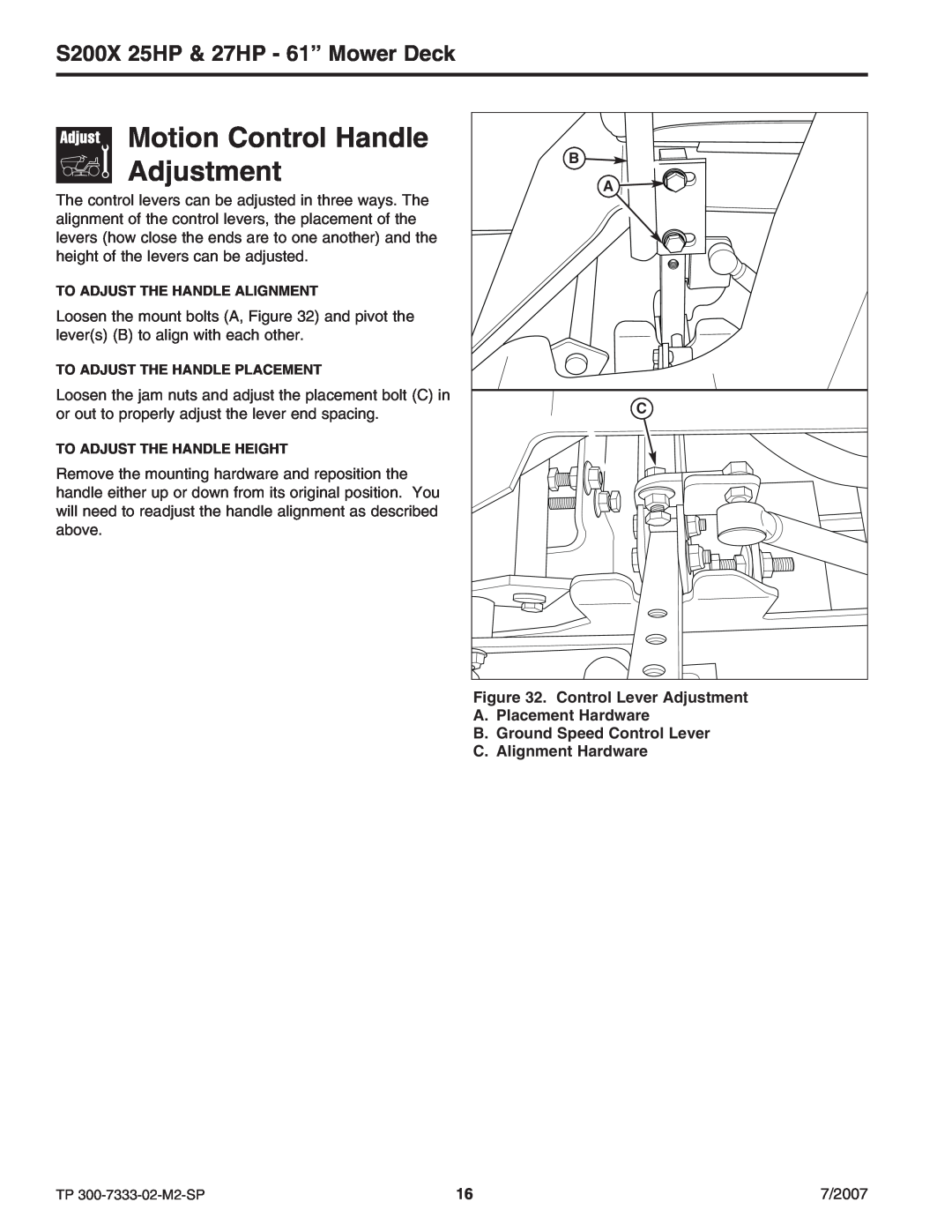 Briggs & Stratton 5900692, 5900664 manual Motion Control Handle Adjustment, S200X 25HP & 27HP - 61” Mower Deck 