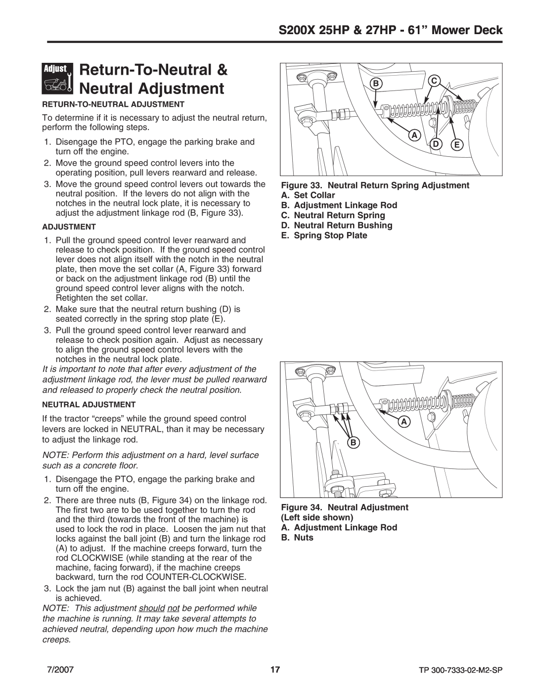 Briggs & Stratton 5900664, 5900692 manual Return-To-Neutral, Neutral Adjustment, S200X 25HP & 27HP - 61” Mower Deck 