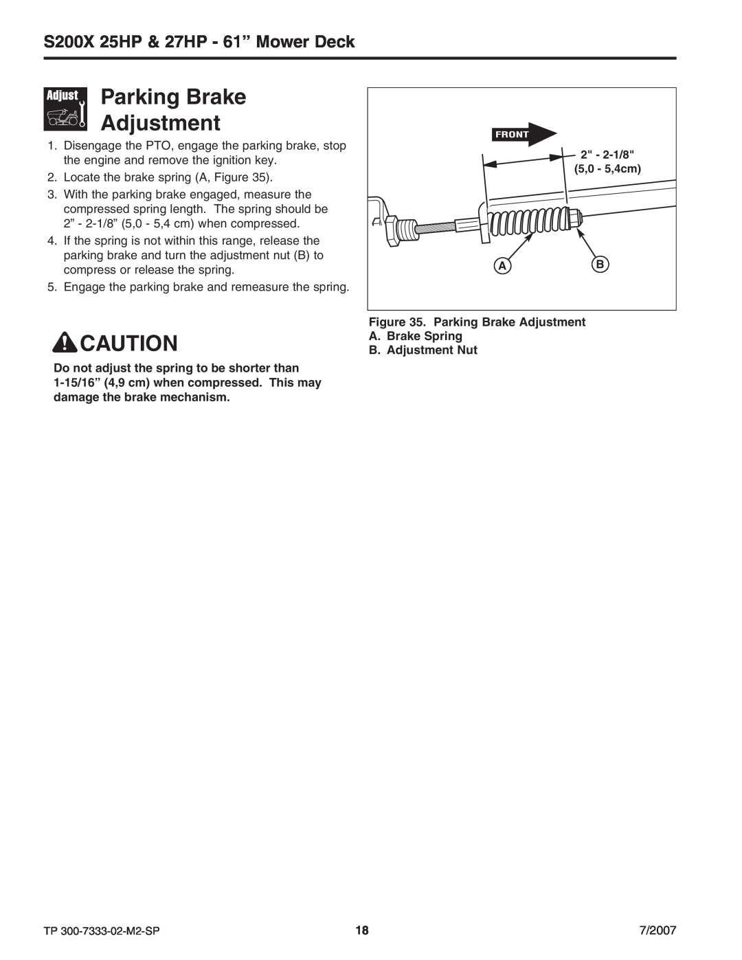 Briggs & Stratton 5900692, 5900664 manual Parking Brake Adjustment, S200X 25HP & 27HP - 61” Mower Deck, 5,0 - 5,4cm 