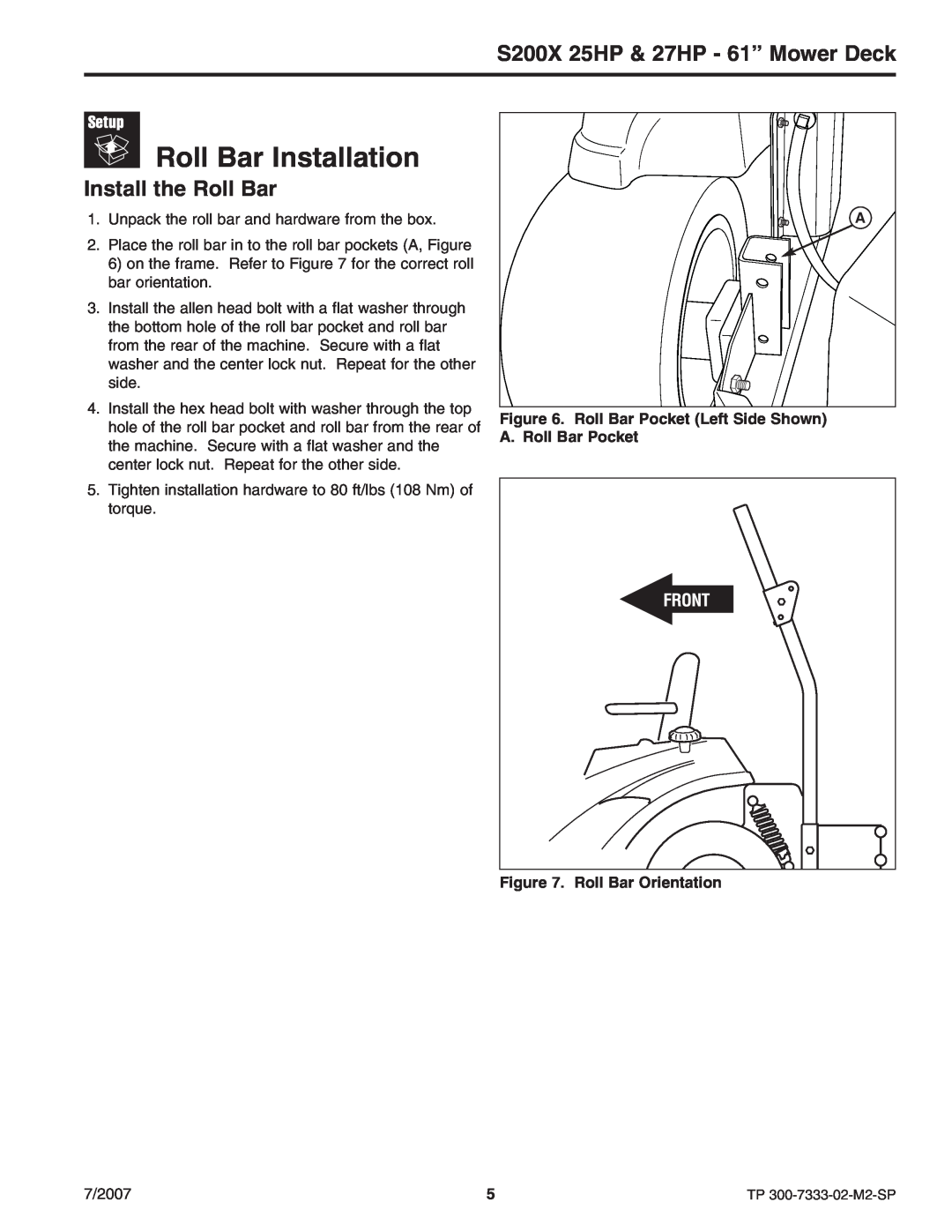 Briggs & Stratton 5900664, 5900692 manual Roll Bar Installation, Install the Roll Bar, S200X 25HP & 27HP - 61” Mower Deck 