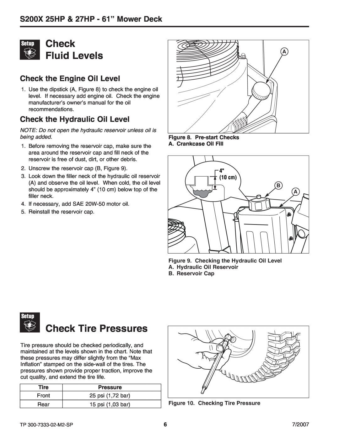 Briggs & Stratton 5900692, 5900664 manual Check Fluid Levels, Check Tire Pressures, Check the Engine Oil Level 
