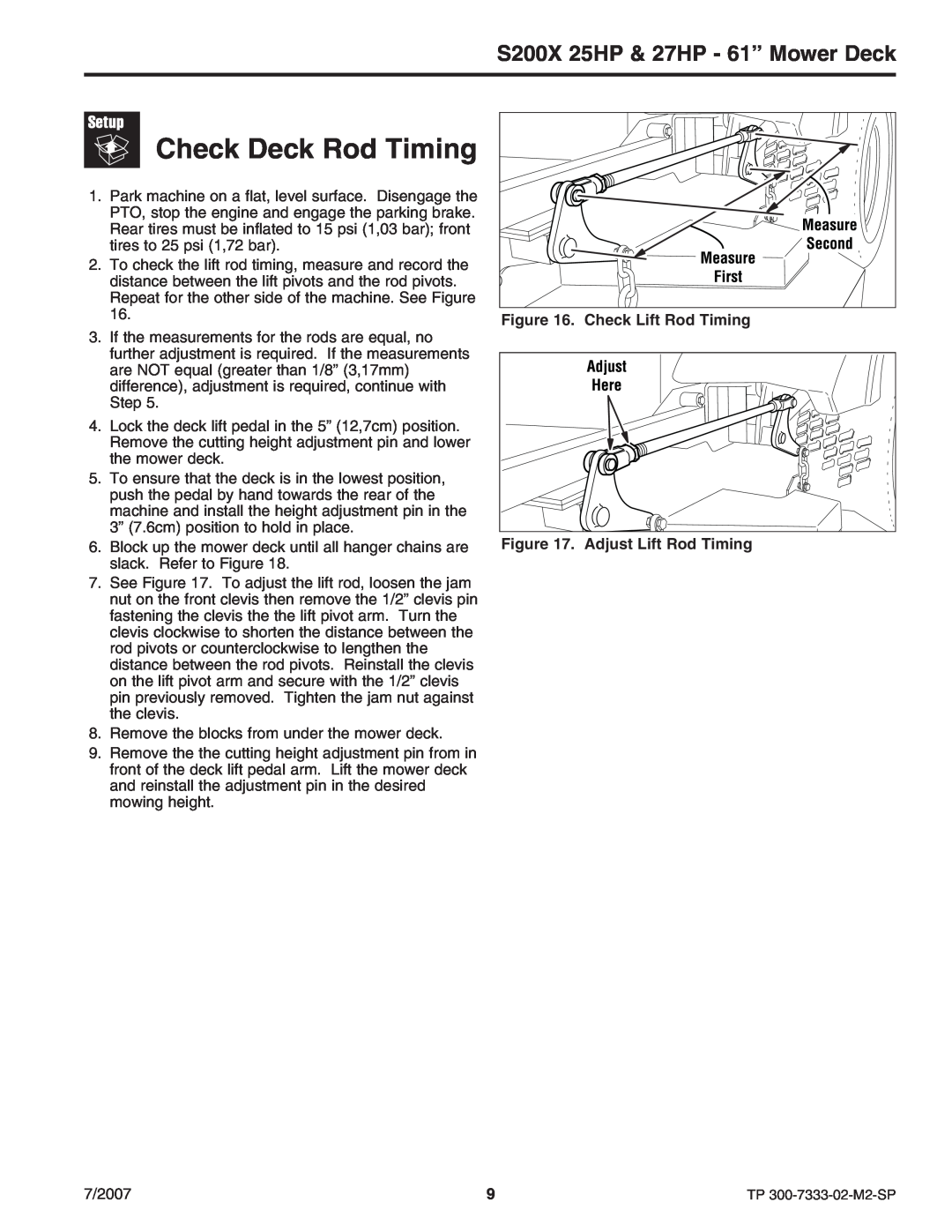 Briggs & Stratton 5900664, 5900692 manual Check Deck Rod Timing, S200X 25HP & 27HP - 61” Mower Deck, Check Lift Rod Timing 