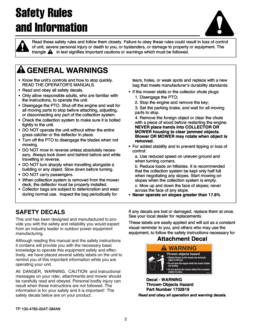 Briggs & Stratton 5900703 manual Safety Decals, Attachment Decal, Safety Rules and Information, General Warnings 