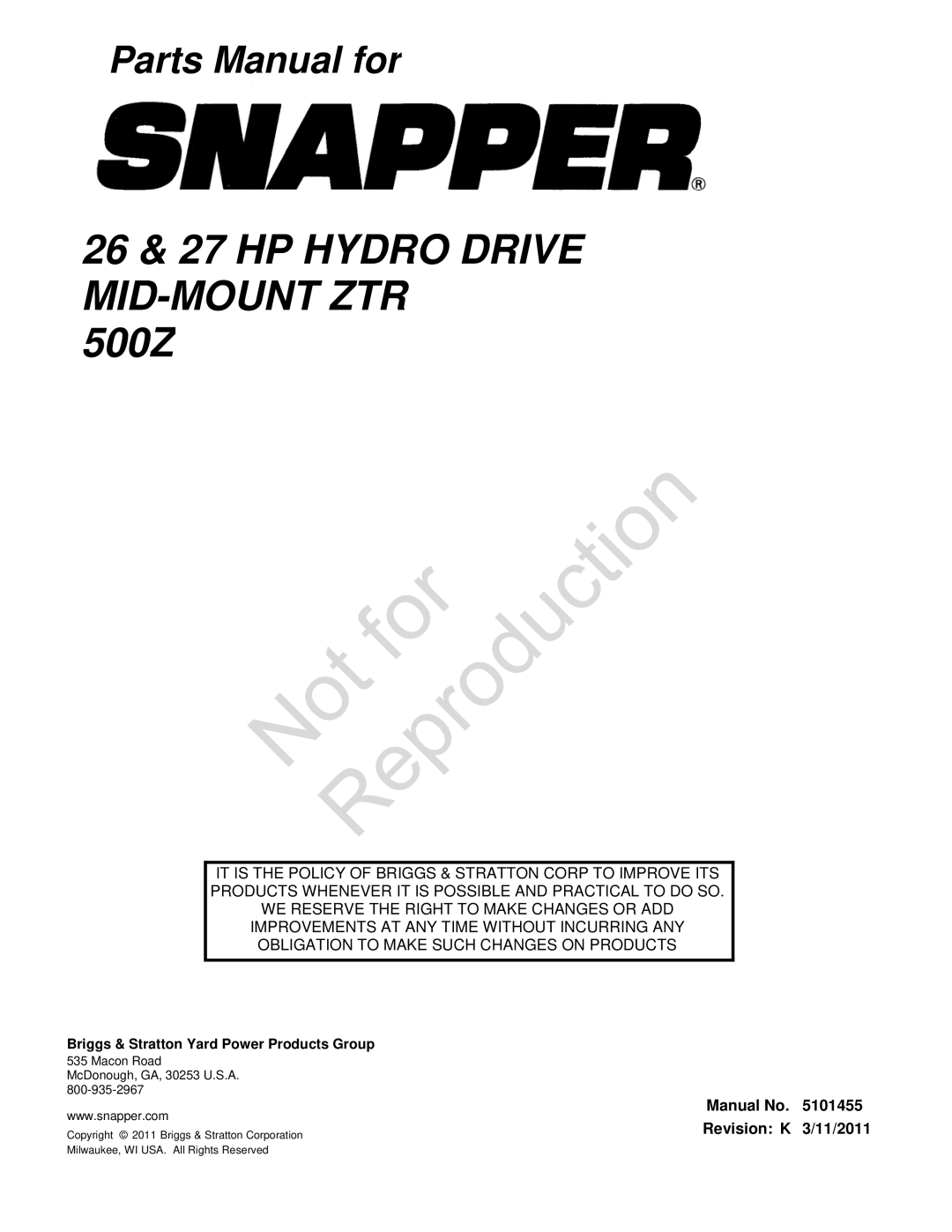 Briggs & Stratton 5900731 manual 26 & 27 HP Hydro Drive MID-MOUNT ZTR 