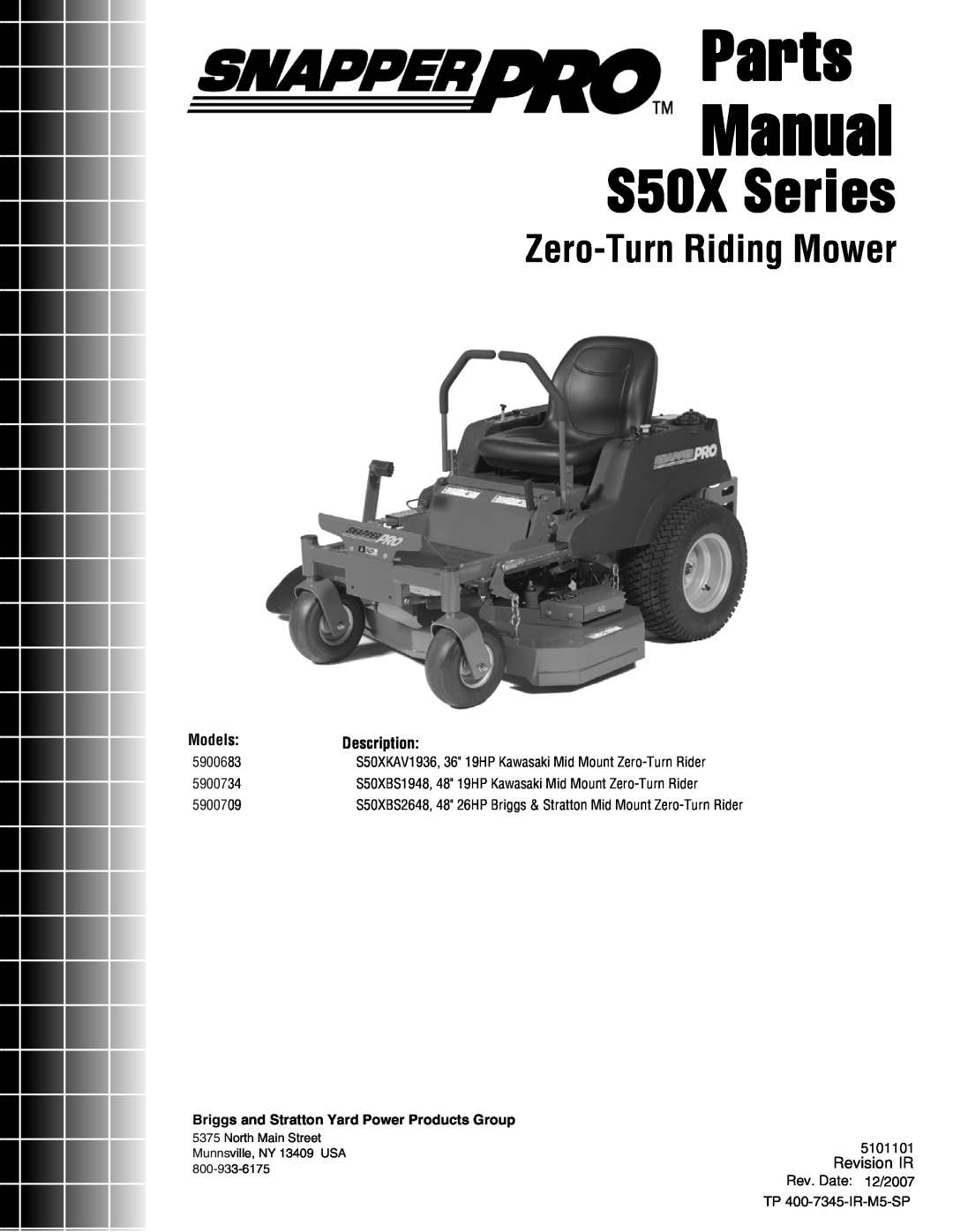 Briggs & Stratton 5900709, 5900734, 5900683 manual Parts Manual, S50X Series, Zero-TurnRiding Mower, Revision IR, Models 