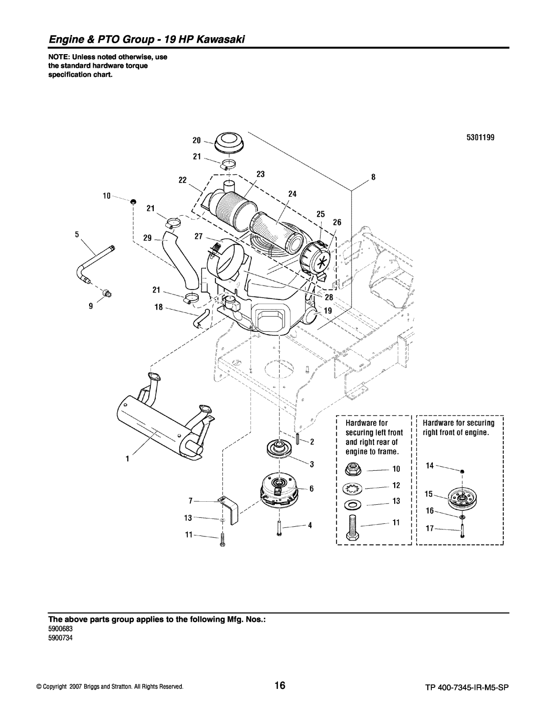Briggs & Stratton 5900709, 5900734 manual Engine & PTO Group - 19 HP Kawasaki, 5900683, TP 400-7345-IR-M5-SP 