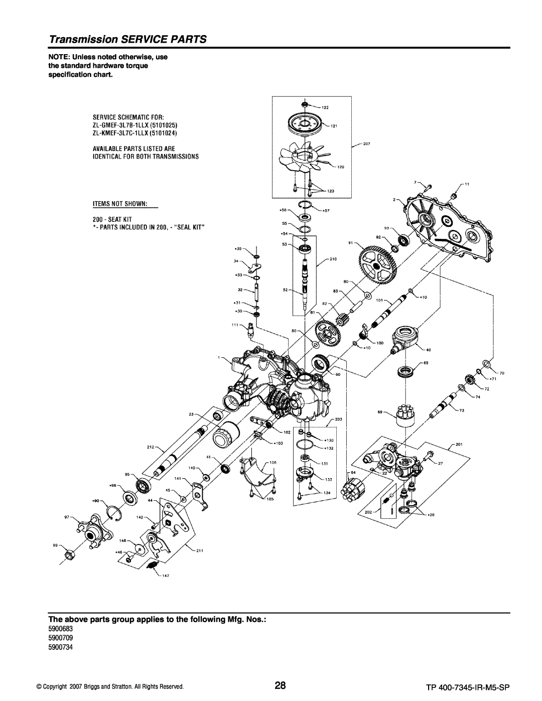Briggs & Stratton 5900734 manual Transmission SERVICE PARTS, 5900683 5900709, TP 400-7345-IR-M5-SP 