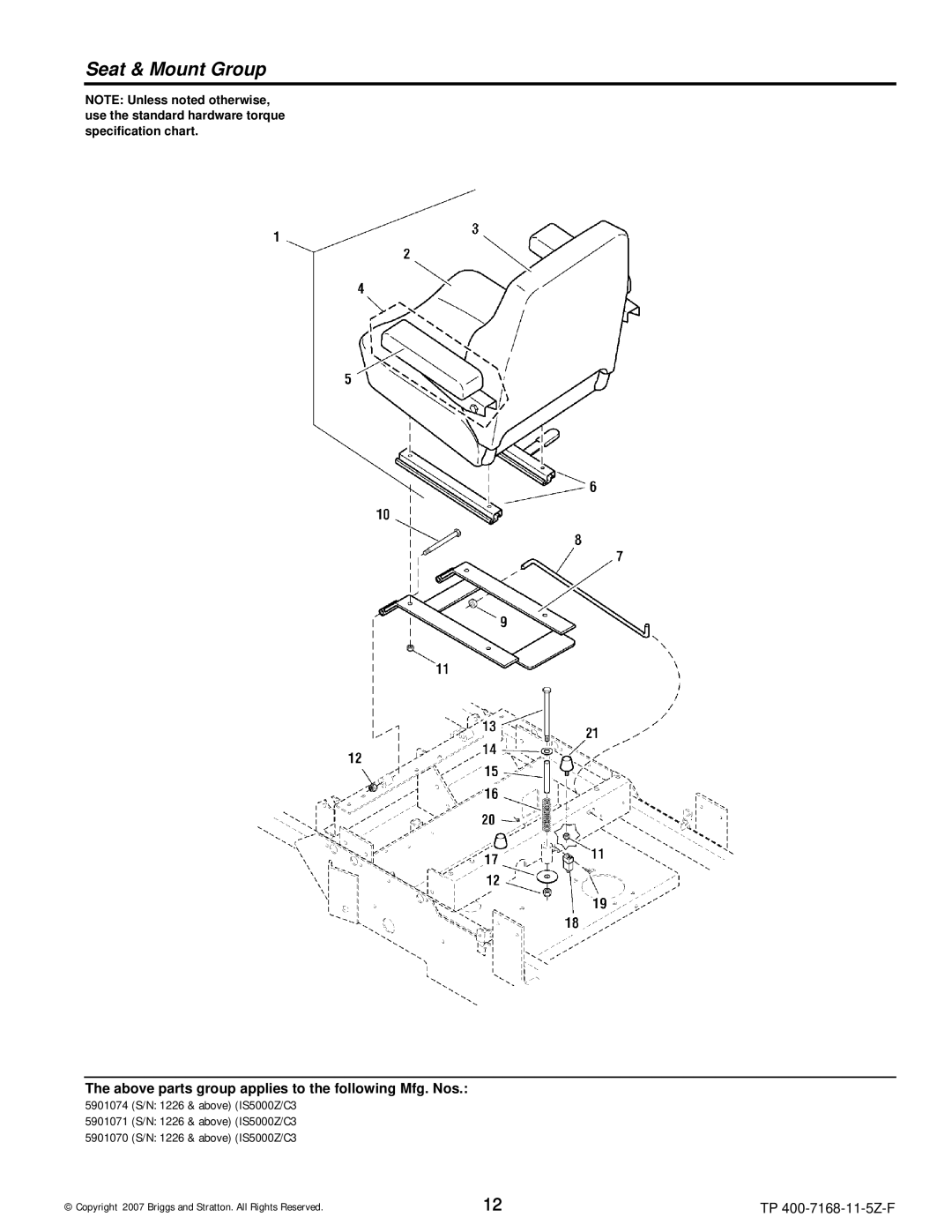 Briggs & Stratton 5900204, 5901070, 5901074, 5901071, 5900205, 5900203, 5900202, 5900201 manual Seat & Mount Group 