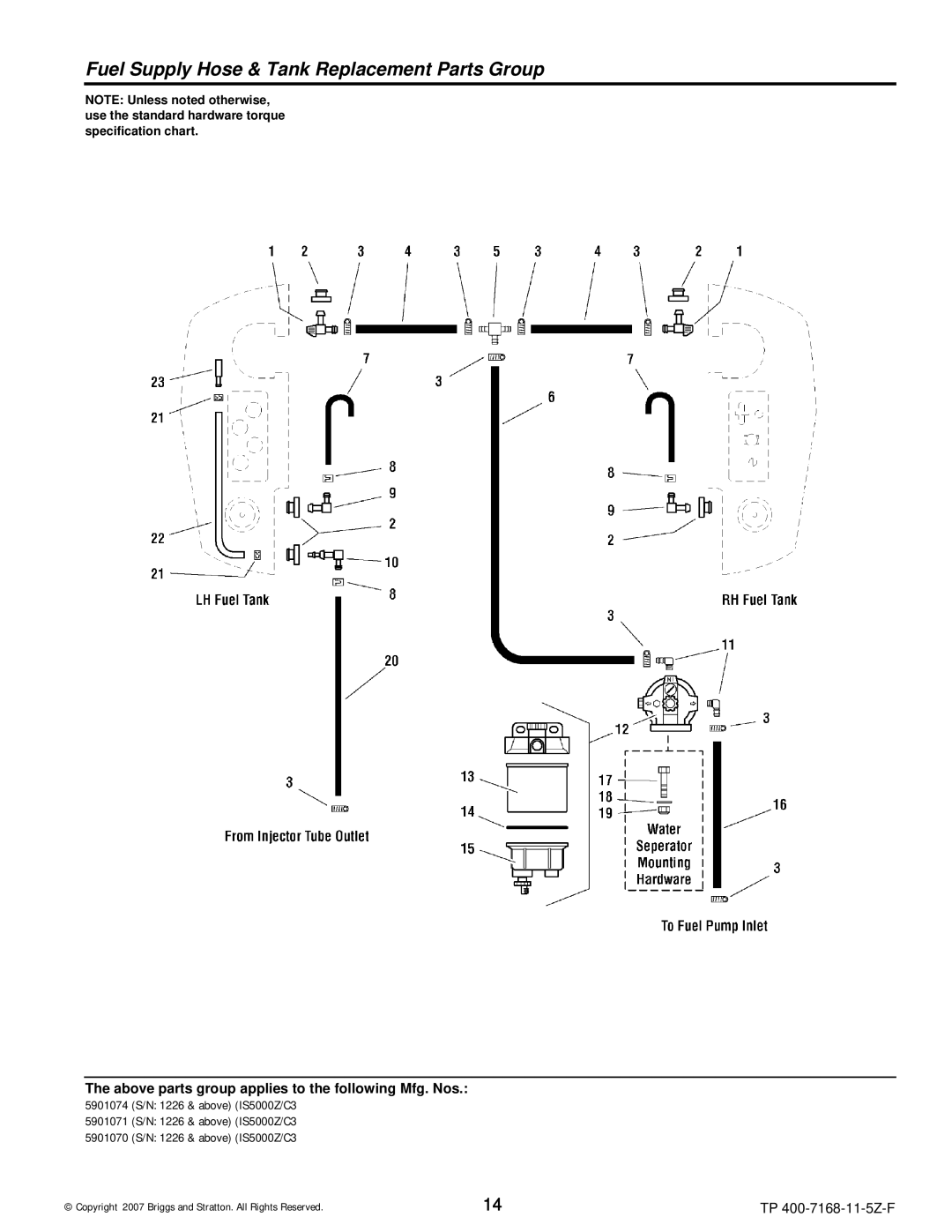 Briggs & Stratton 5900202, 5901070, 5901074, 5901071, 5900205, 5900204, 5900203 Fuel Supply Hose & Tank Replacement Parts Group 