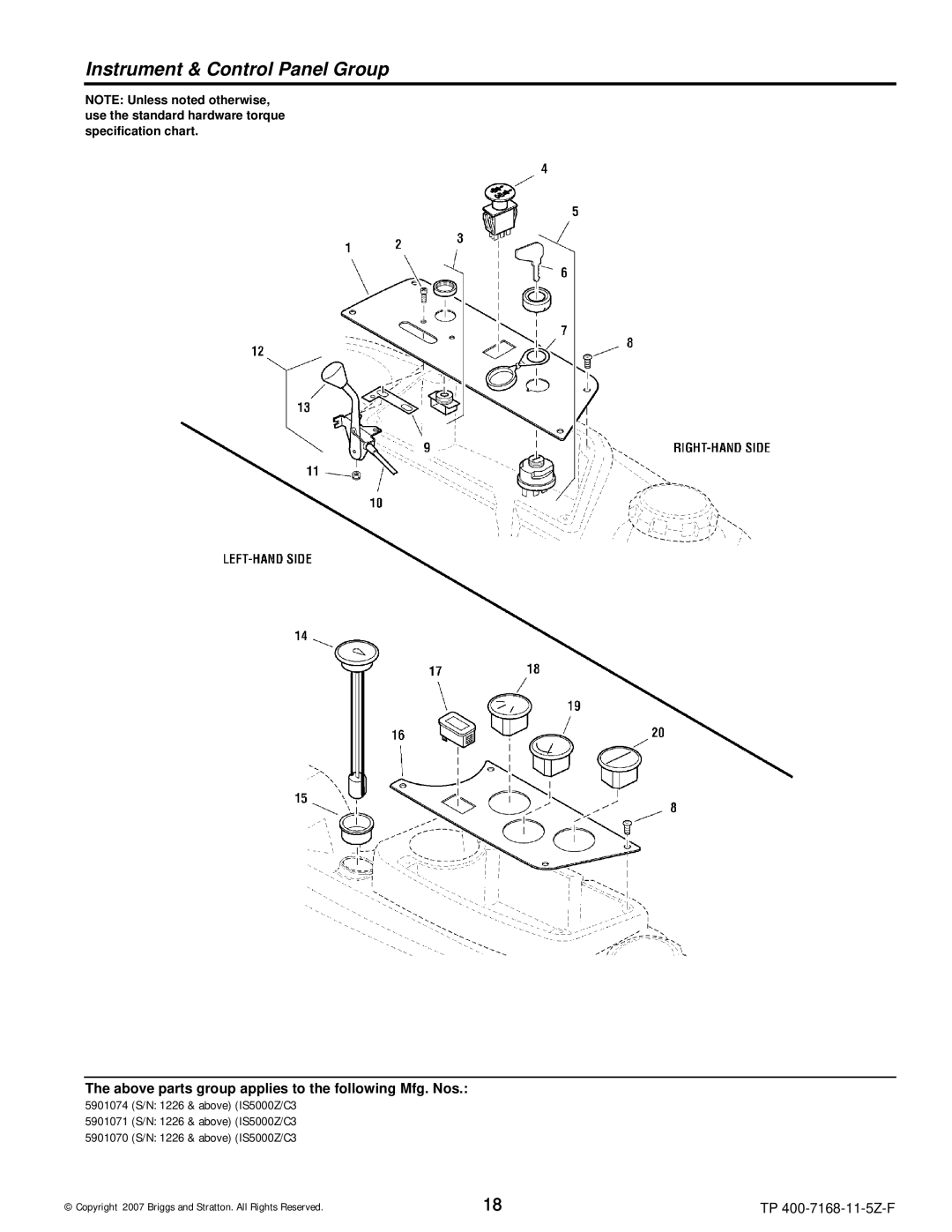 Briggs & Stratton 5901071, 5901070, 5901074, 5900205, 5900204, 5900203, 5900202, 5900201 manual Instrument & Control Panel Group 