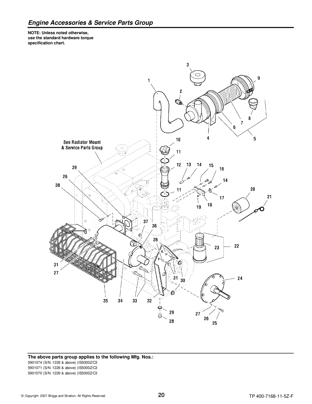 Briggs & Stratton 5900204, 5901070, 5901074, 5901071, 5900205, 5900203, 5900202 manual Engine Accessories & Service Parts Group 