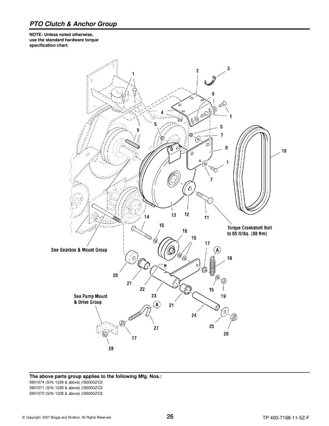 Briggs & Stratton 5901071, 5901070, 5901074, 5900205, 5900204, 5900203, 5900202, 5900201 manual PTO Clutch & Anchor Group 