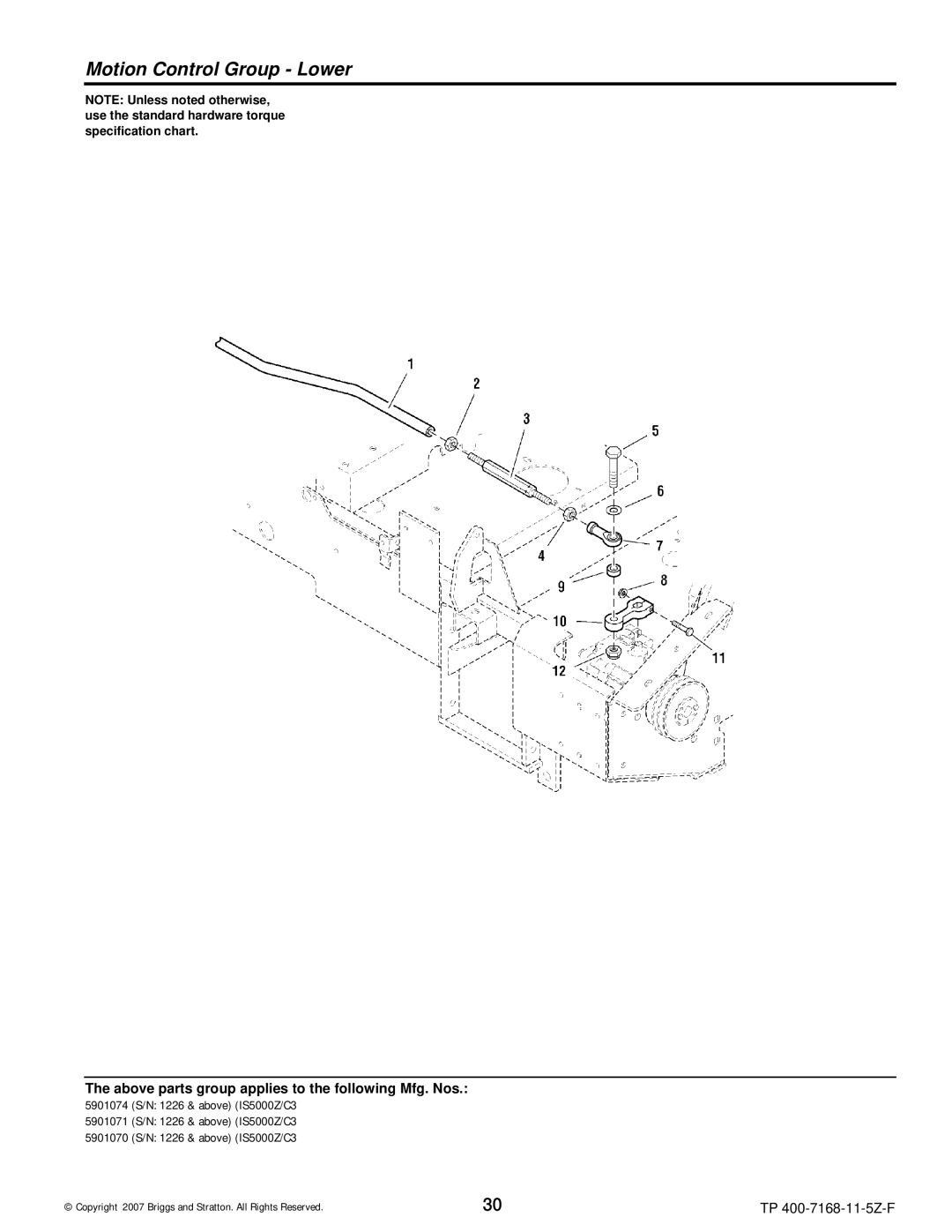 Briggs & Stratton 5900202, 5901070, 5901074, 5901071, 5900205, 5900204, 5900203, 5900201 manual Motion Control Group Lower 