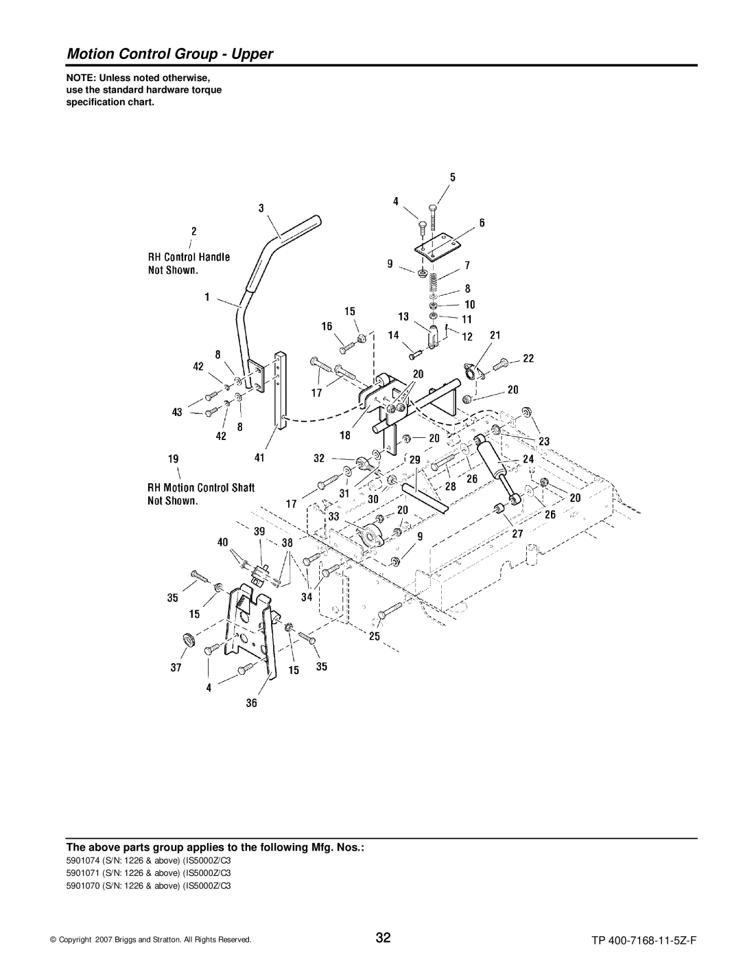 Briggs & Stratton 5901070, 5901074, 5901071, 5900205, 5900204, 5900203, 5900202, 5900201 manual Motion Control Group Upper 