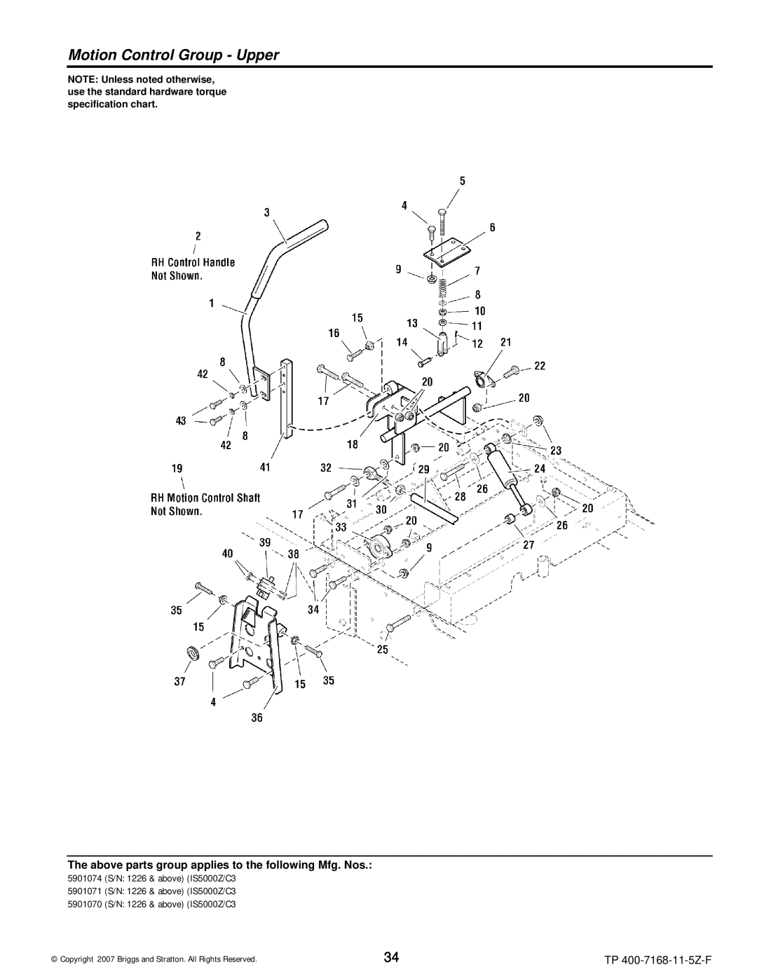 Briggs & Stratton 5901071, 5901070, 5901074, 5900205, 5900204, 5900203, 5900202, 5900201 manual Motion Control Group Upper 