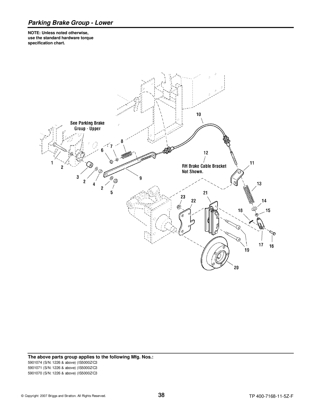 Briggs & Stratton 5900202, 5901070, 5901074, 5901071, 5900205, 5900204, 5900203, 5900201 manual Parking Brake Group Lower 