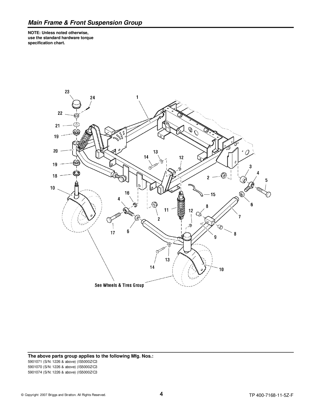 Briggs & Stratton 5900204 manual Main Frame & Front Suspension Group, Above parts group applies to the following Mfg. Nos 