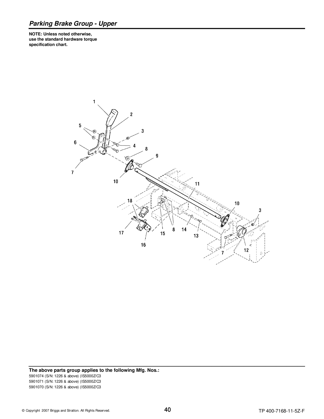 Briggs & Stratton 5901070, 5901074, 5901071, 5900205, 5900204, 5900203, 5900202, 5900201 manual Parking Brake Group Upper 