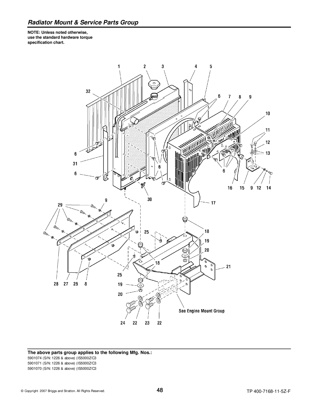 Briggs & Stratton 5901070, 5901074, 5901071, 5900205, 5900204, 5900203, 5900202, 5900201 Radiator Mount & Service Parts Group 