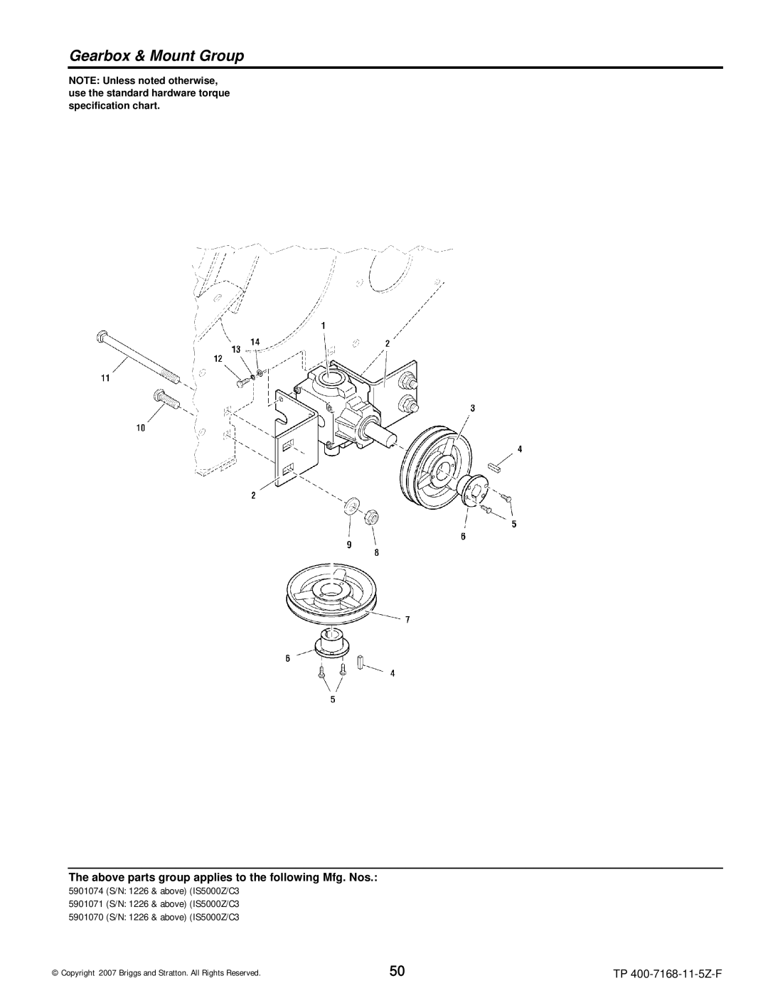 Briggs & Stratton 5901071, 5901070, 5901074, 5900205, 5900204, 5900203, 5900202, 5900201 manual Gearbox & Mount Group 