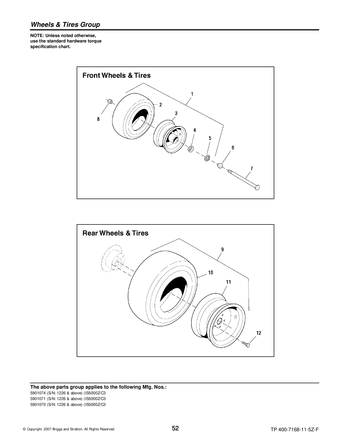 Briggs & Stratton 5900204, 5901070, 5901074, 5901071, 5900205, 5900203, 5900202, 5900201 manual Wheels & Tires Group 