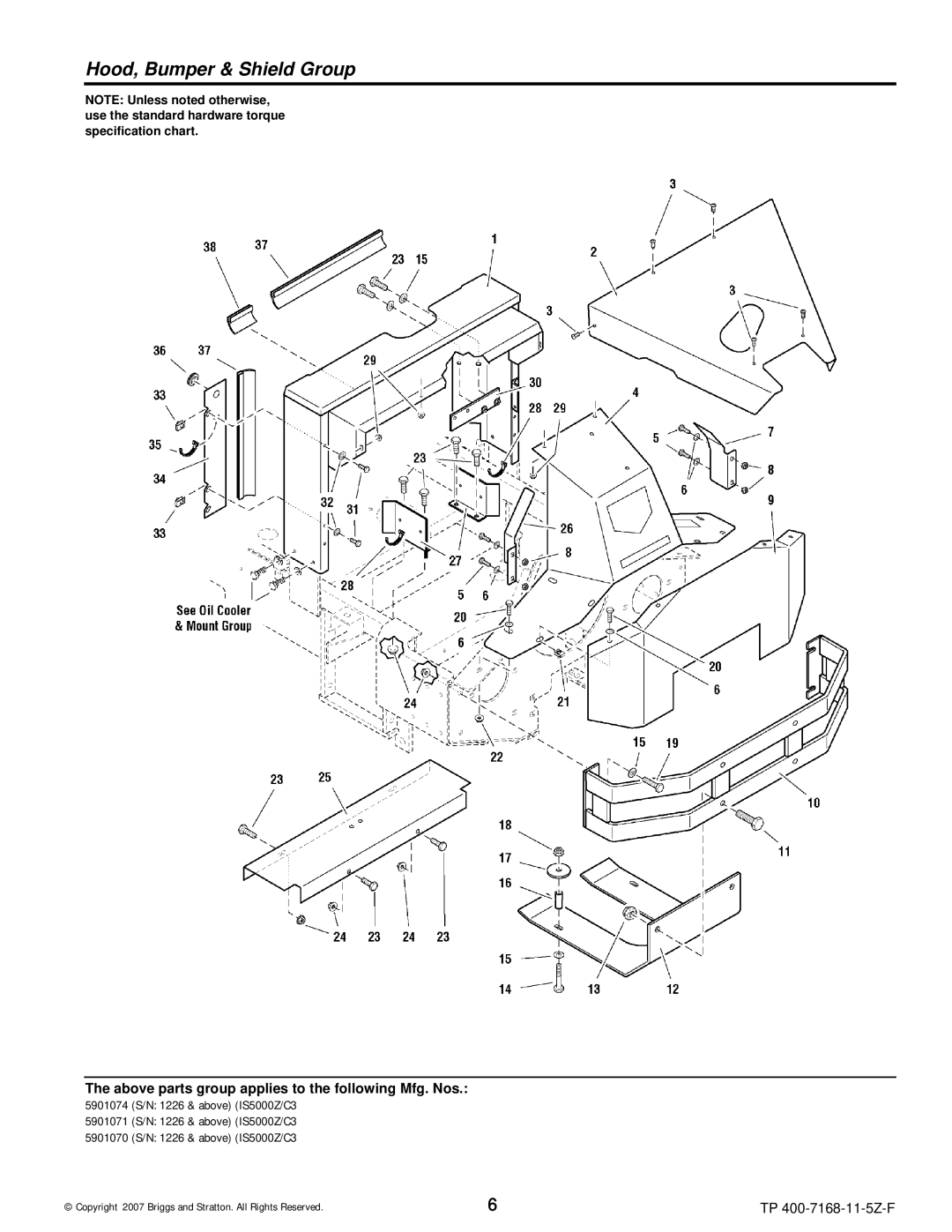 Briggs & Stratton 5900202, 5901070, 5901074, 5901071, 5900205, 5900204, 5900203, 5900201 manual Hood, Bumper & Shield Group 