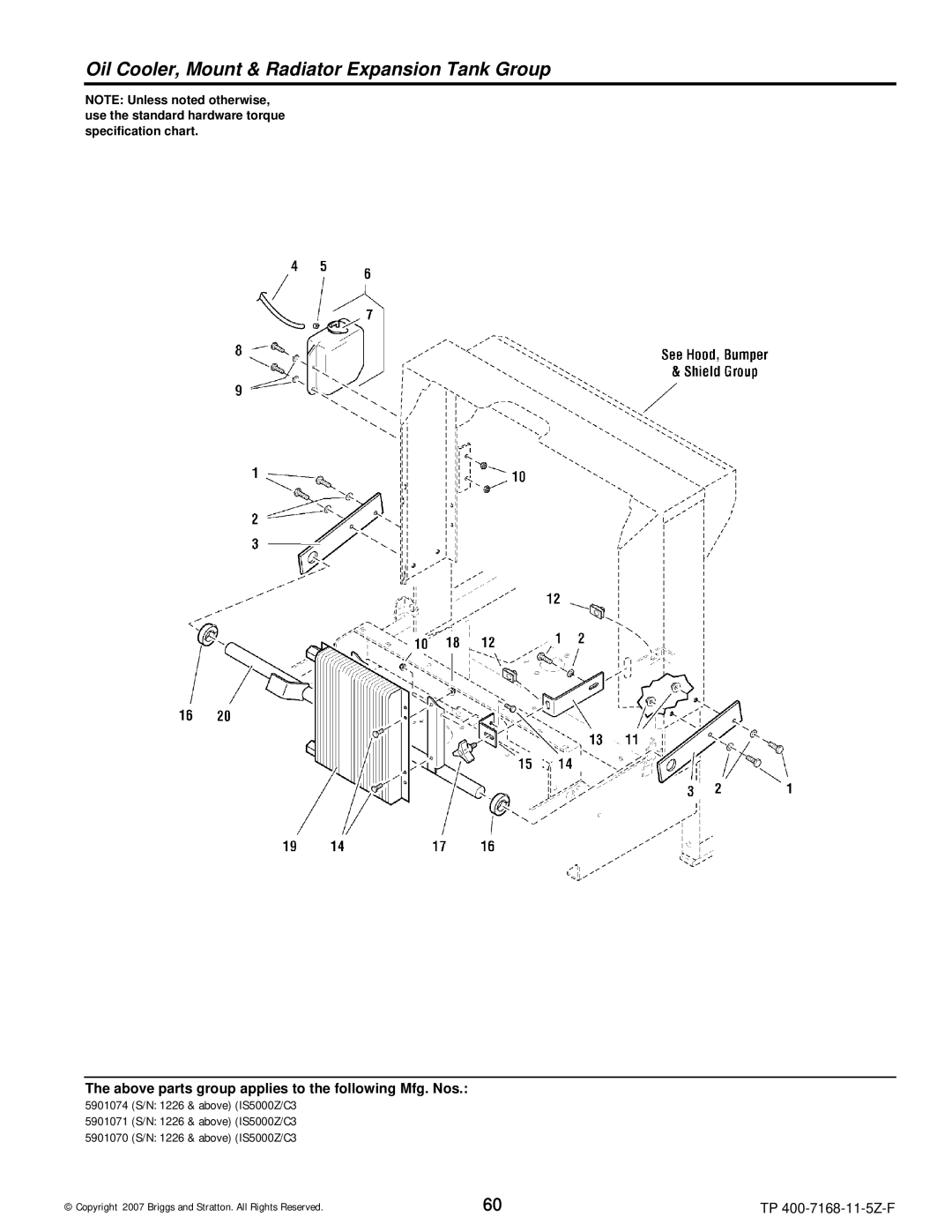 Briggs & Stratton 5900204, 5901070, 5901074, 5901071, 5900205, 5900203 manual Oil Cooler, Mount & Radiator Expansion Tank Group 