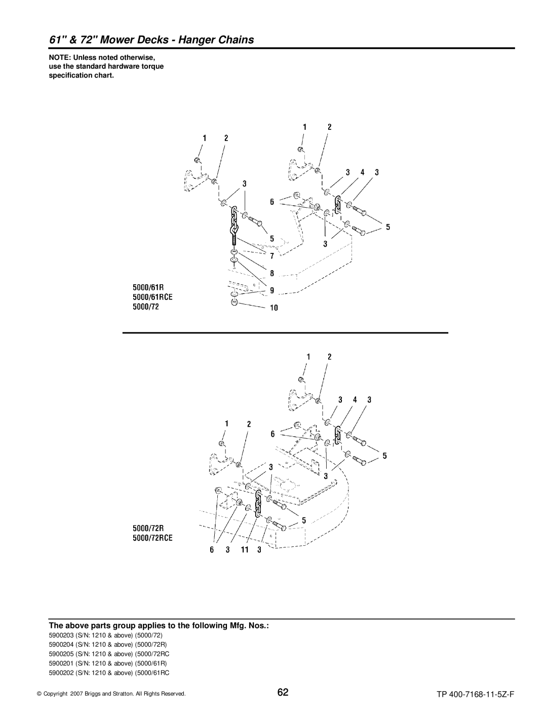 Briggs & Stratton 5900202, 5901070, 5901074, 5901071, 5900205, 5900204, 5900203, 5900201 manual 61 & 72 Mower Decks Hanger Chains 