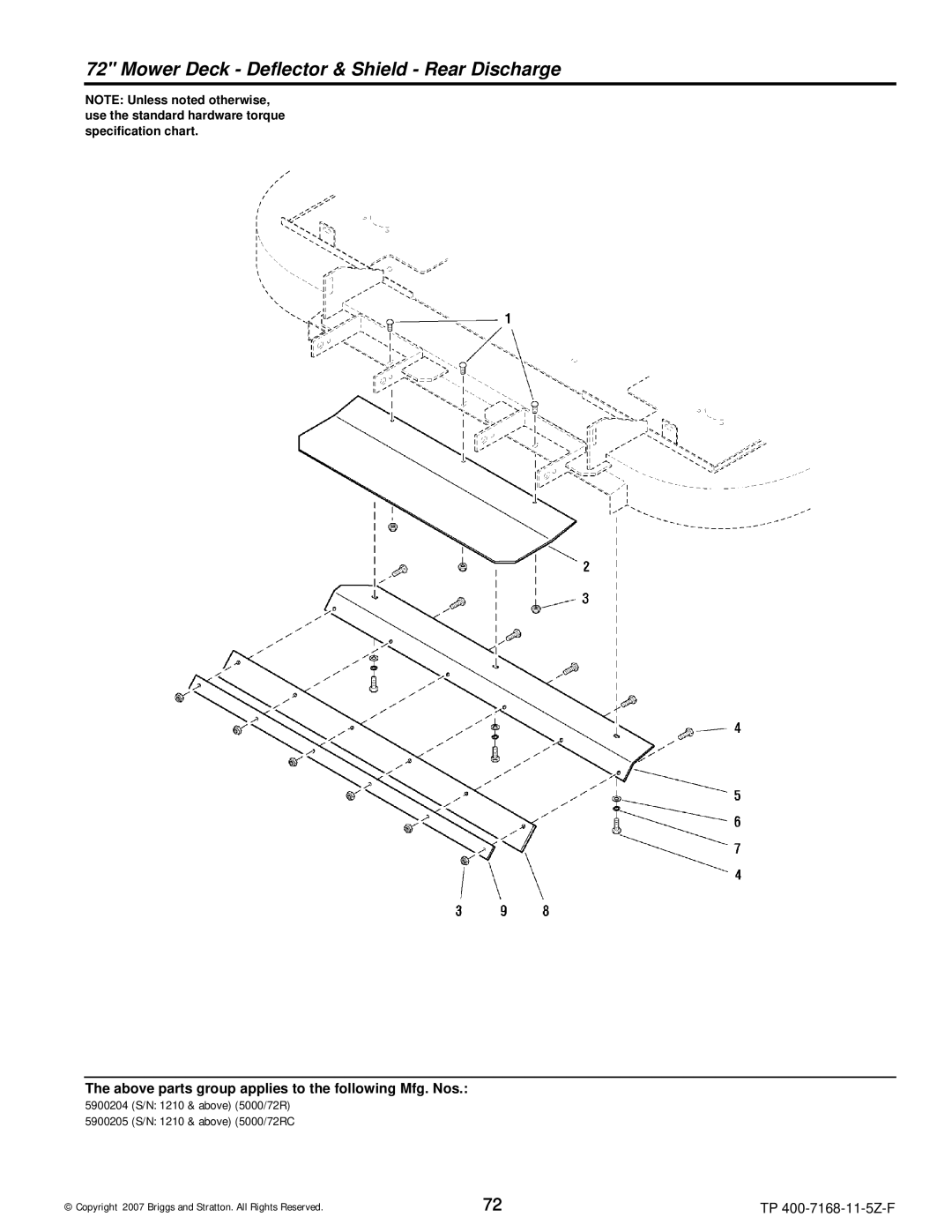 Briggs & Stratton 5901070, 5901074, 5901071, 5900205, 5900204, 5900203, 5900202 Mower Deck Deflector & Shield Rear Discharge 