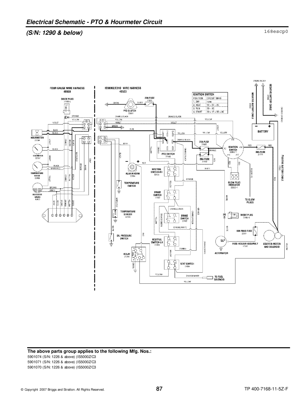 Briggs & Stratton 5900201, 5901070, 5901074, 5901071 Electrical Schematic PTO & Hourmeter Circuit 1290 & below, 168escp0 