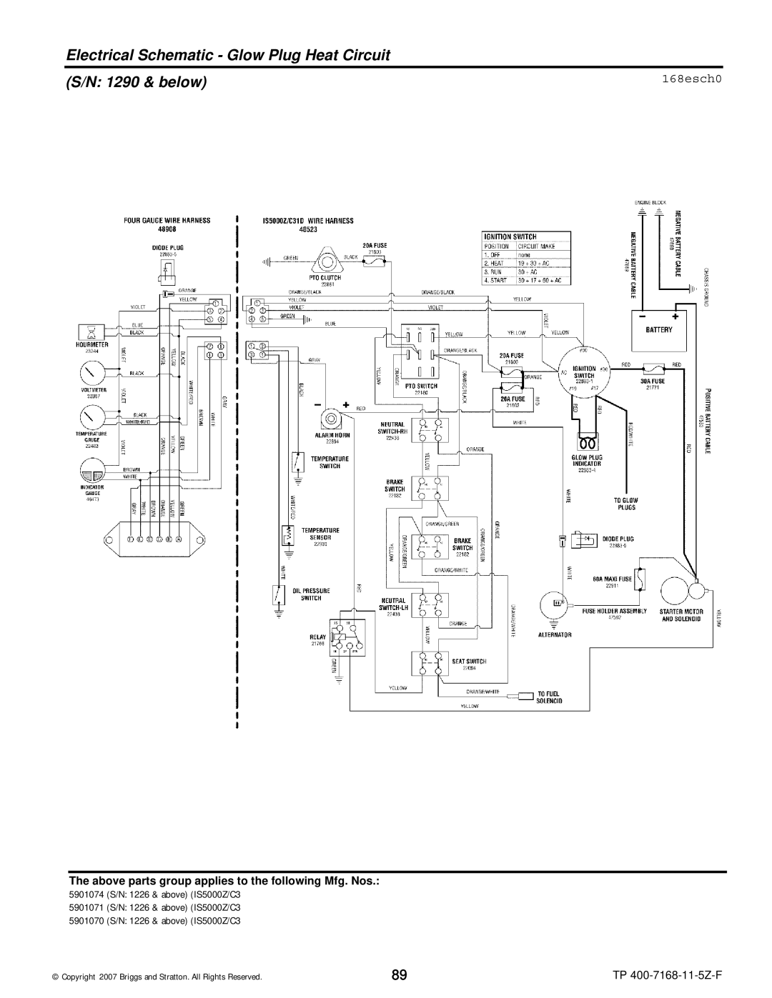 Briggs & Stratton 5901074, 5901070, 5901071, 5900205 manual Electrical Schematic Glow Plug Heat Circuit 1290 & below, 168esch0 