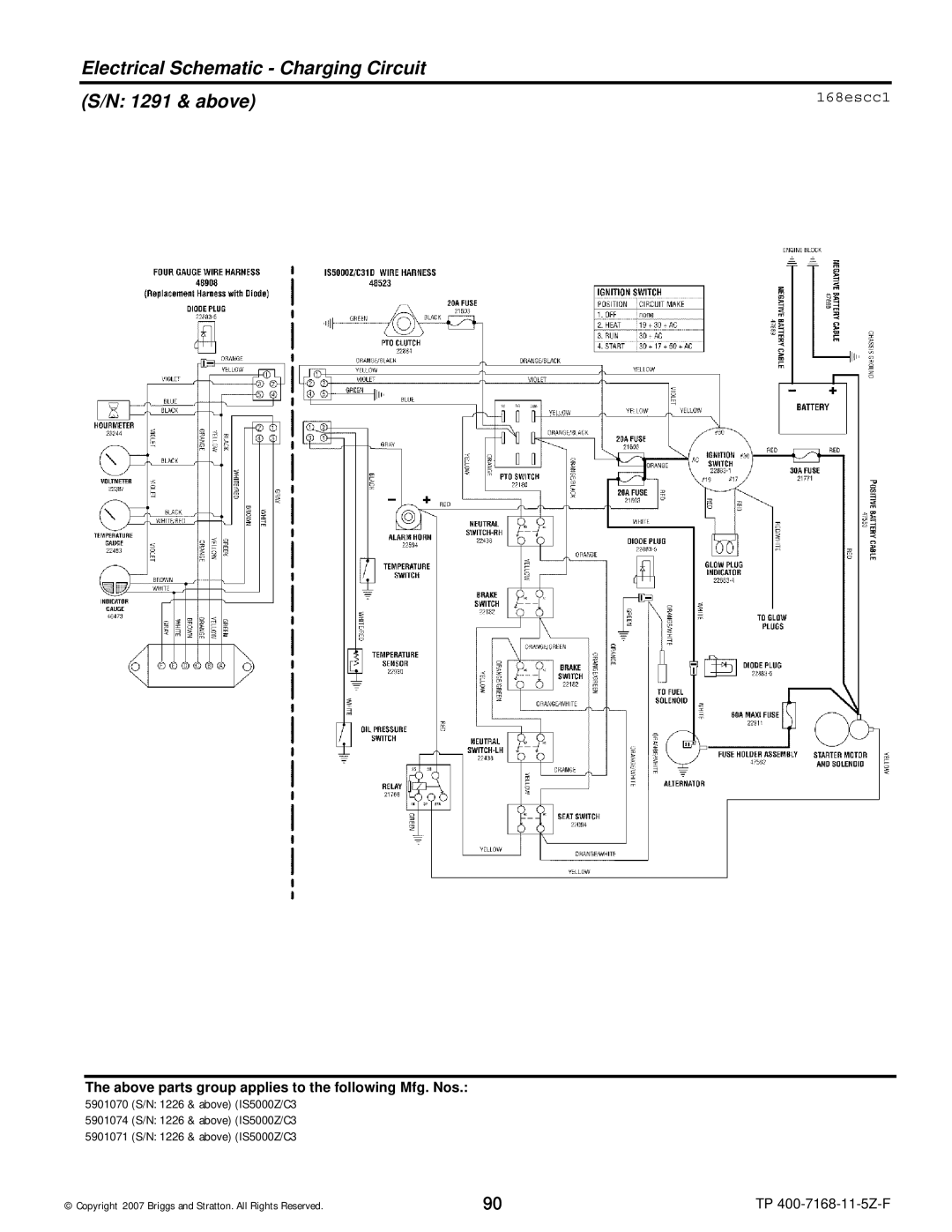 Briggs & Stratton 5901071, 5901070, 5901074, 5900205, 5900204 Electrical Schematic Charging Circuit 1291 & above, 168escc1 