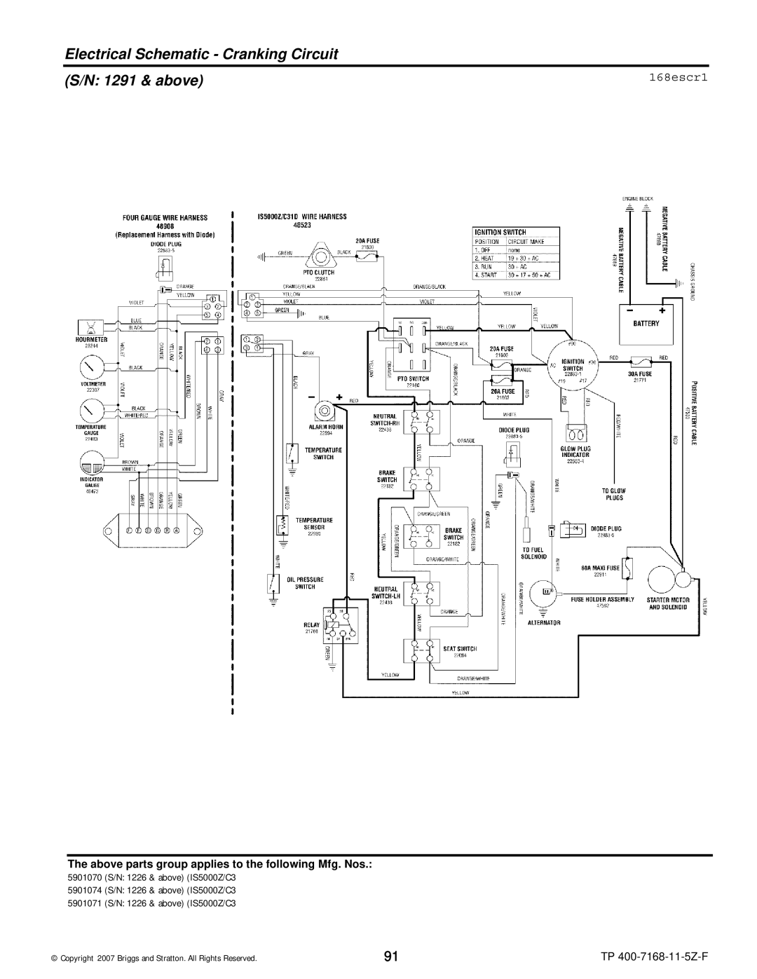 Briggs & Stratton 5900205, 5901070, 5901074, 5901071, 5900204 Electrical Schematic Cranking Circuit 1291 & above, 168escr1 