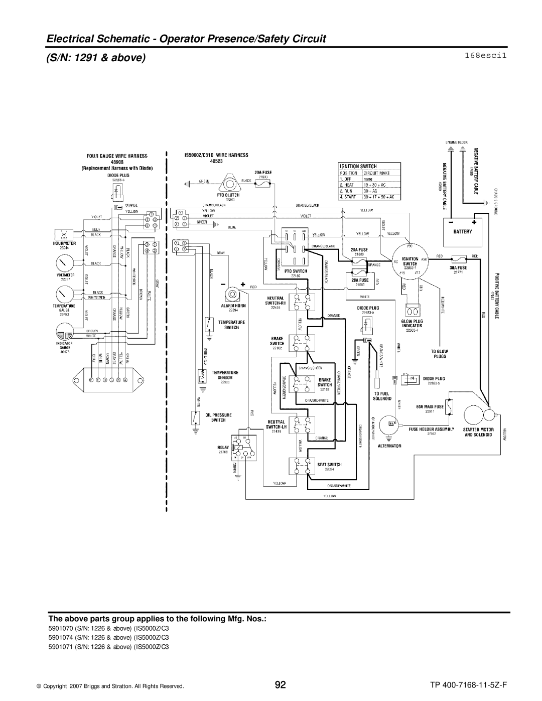 Briggs & Stratton 5900204, 5901070, 5901074, 5901071, 5900205, 5900203, 5900202, 5900201 manual 168esci1 