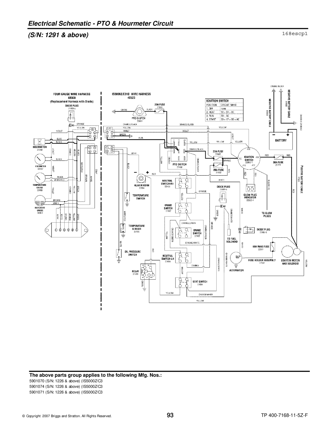 Briggs & Stratton 5900203, 5901070, 5901074, 5901071 Electrical Schematic PTO & Hourmeter Circuit 1291 & above, 168escp1 