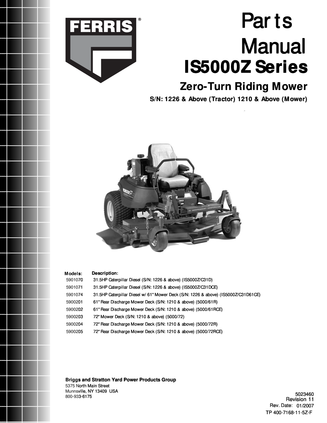 Briggs & Stratton 5901074, 5901070, 5901071, 5900205 manual Parts Manual, IS5000Z Series, Zero-TurnRiding Mower, Revision 