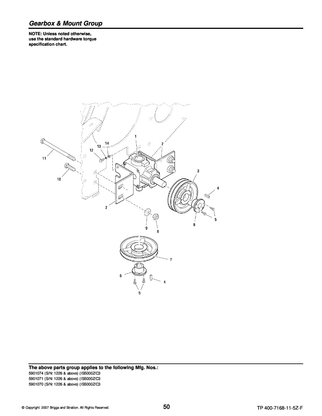 Briggs & Stratton manual Gearbox & Mount Group, 5901074 S/N 1226 & above IS5000Z/C3, 5901071 S/N 1226 & above IS5000Z/C3 