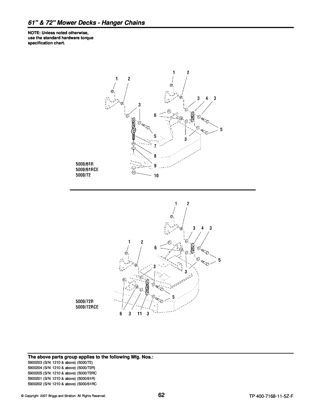 Briggs & Stratton 5900202 manual 61 & 72 Mower Decks - Hanger Chains, 5900203 S/N 1210 & above 5000/72, TP 400-7168-11-5Z-F 