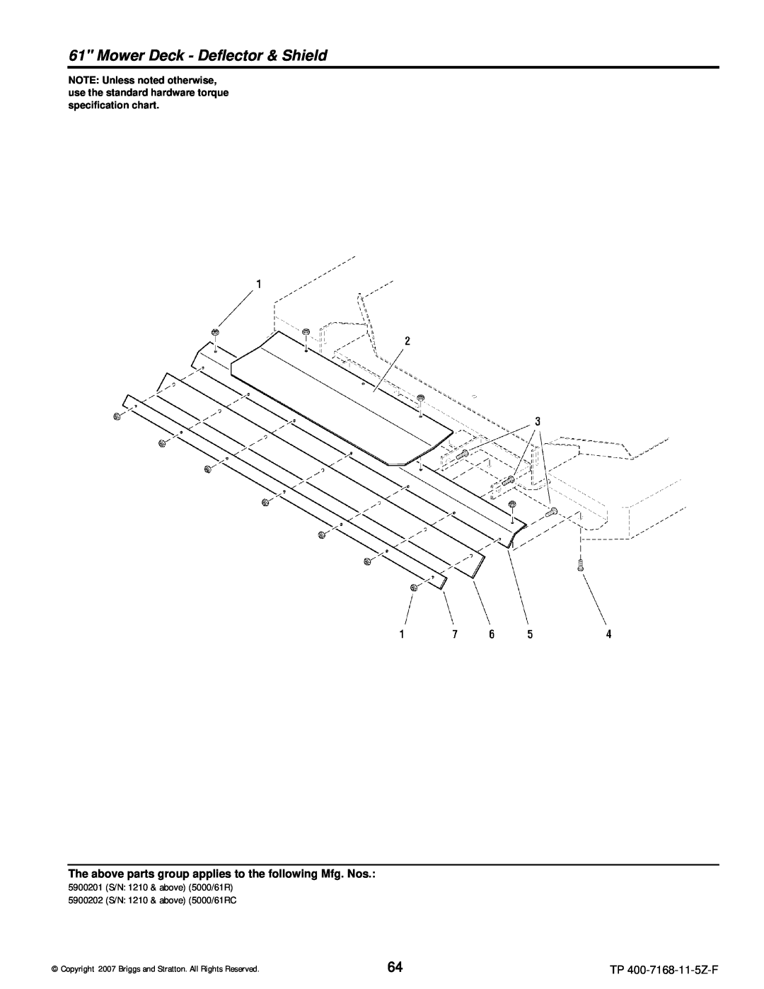 Briggs & Stratton 5901070, 5901074 Mower Deck - Deflector & Shield, 5900201 S/N 1210 & above 5000/61R, TP 400-7168-11-5Z-F 