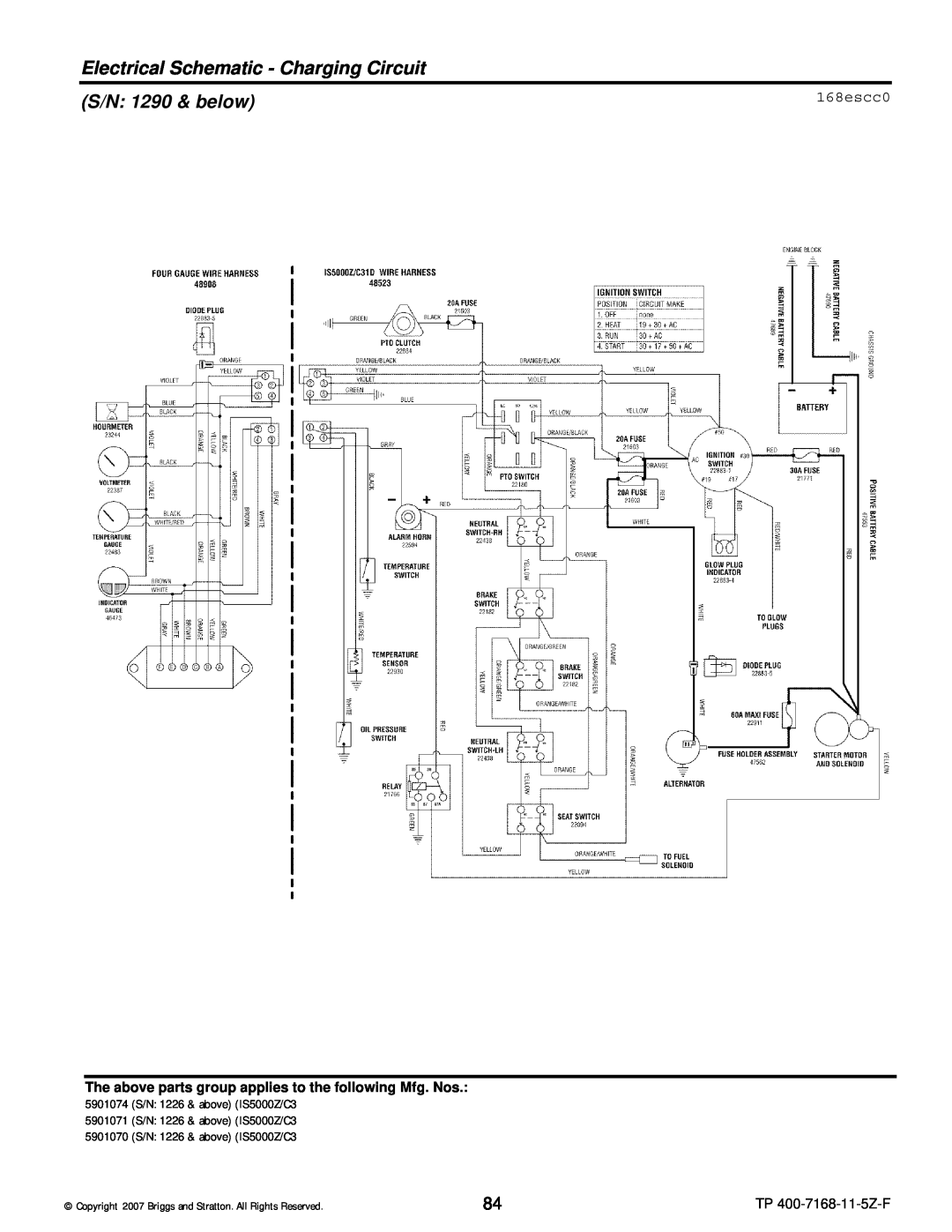 Briggs & Stratton 5900204 manual Electrical Schematic - Charging Circuit, S/N 1290 & below, 168escc0, TP 400-7168-11-5Z-F 